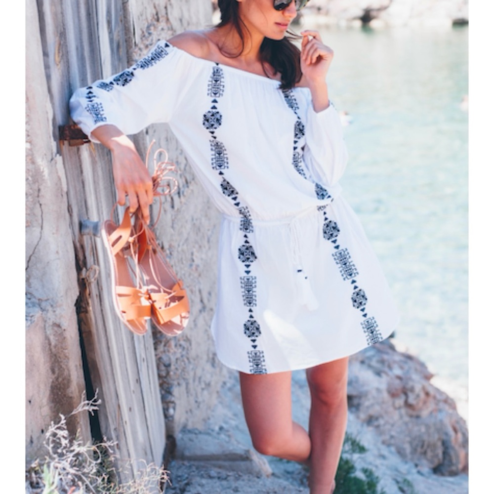 Pampelone | Bardot Off The Shoulder White Embroidered Euro Summer Dress Size M